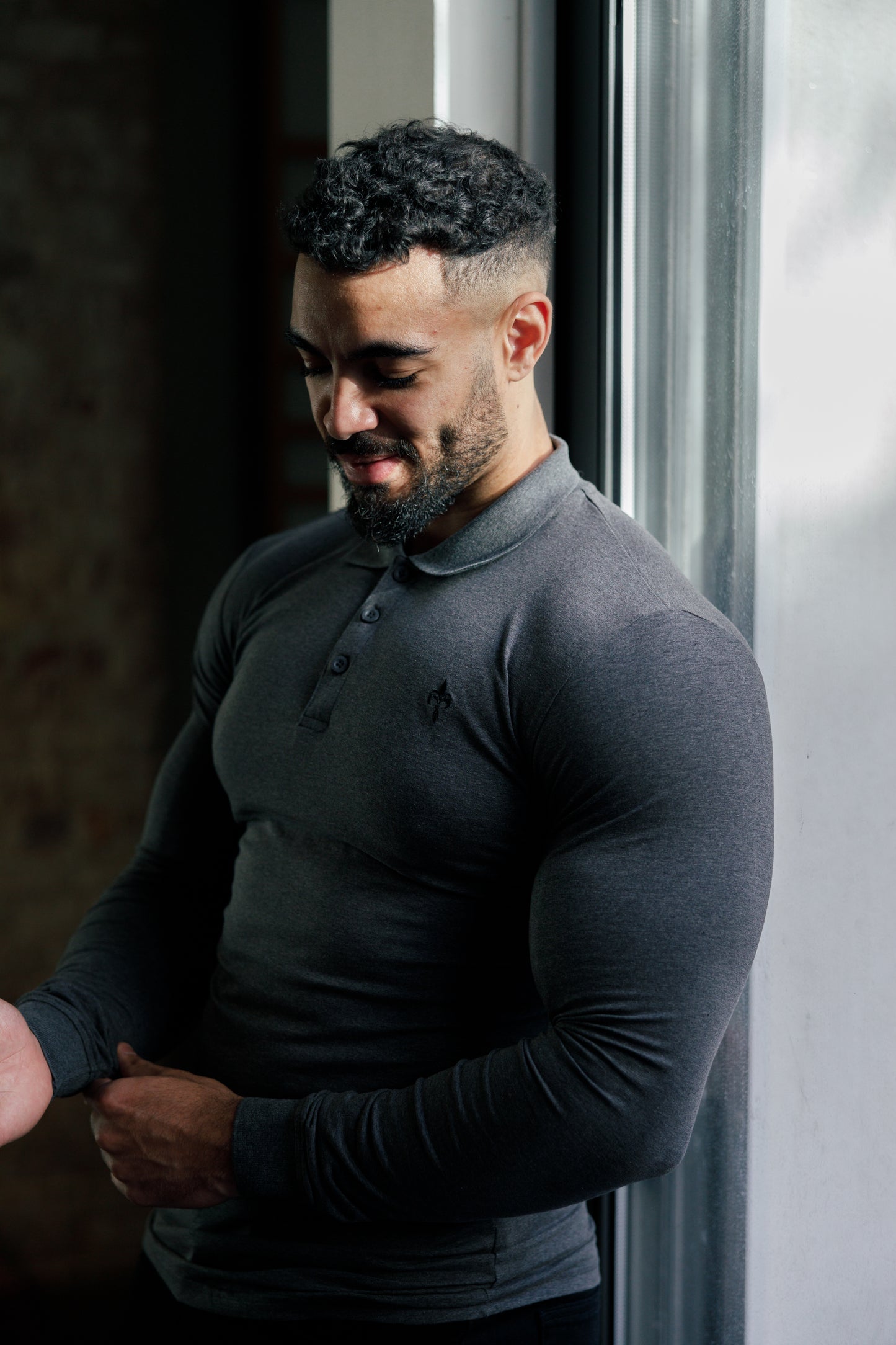 Super Slim Fit Long Sleeve Polo Shirt Charcoal