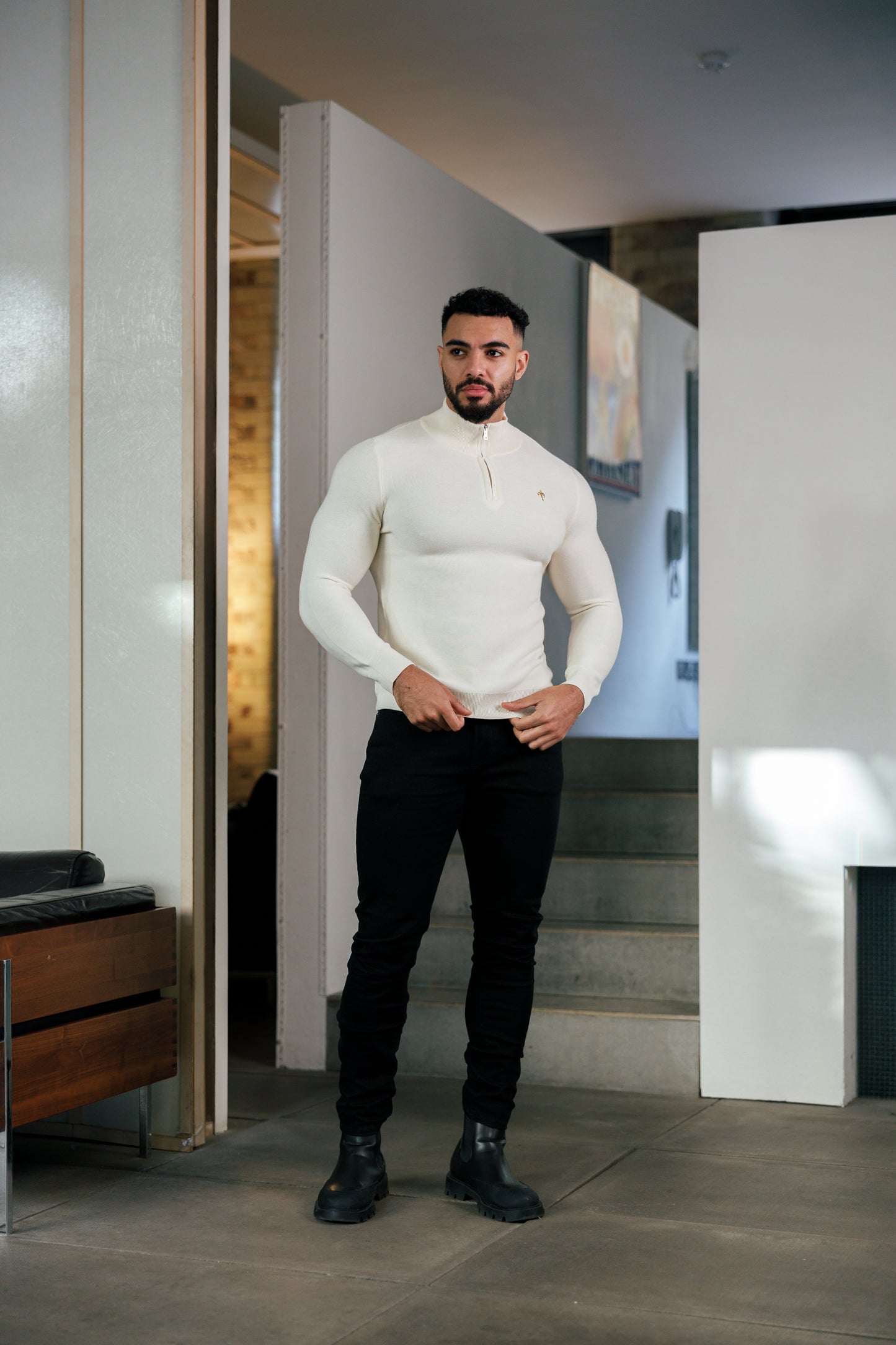 Super Slim Fit Wool Jumper 1/4 Zip Cream