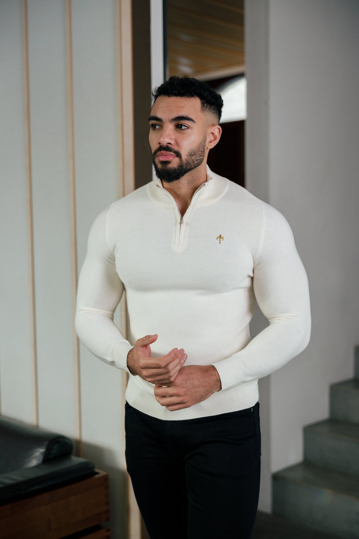 Super Slim Fit Wool Jumper 1/4 Zip Cream