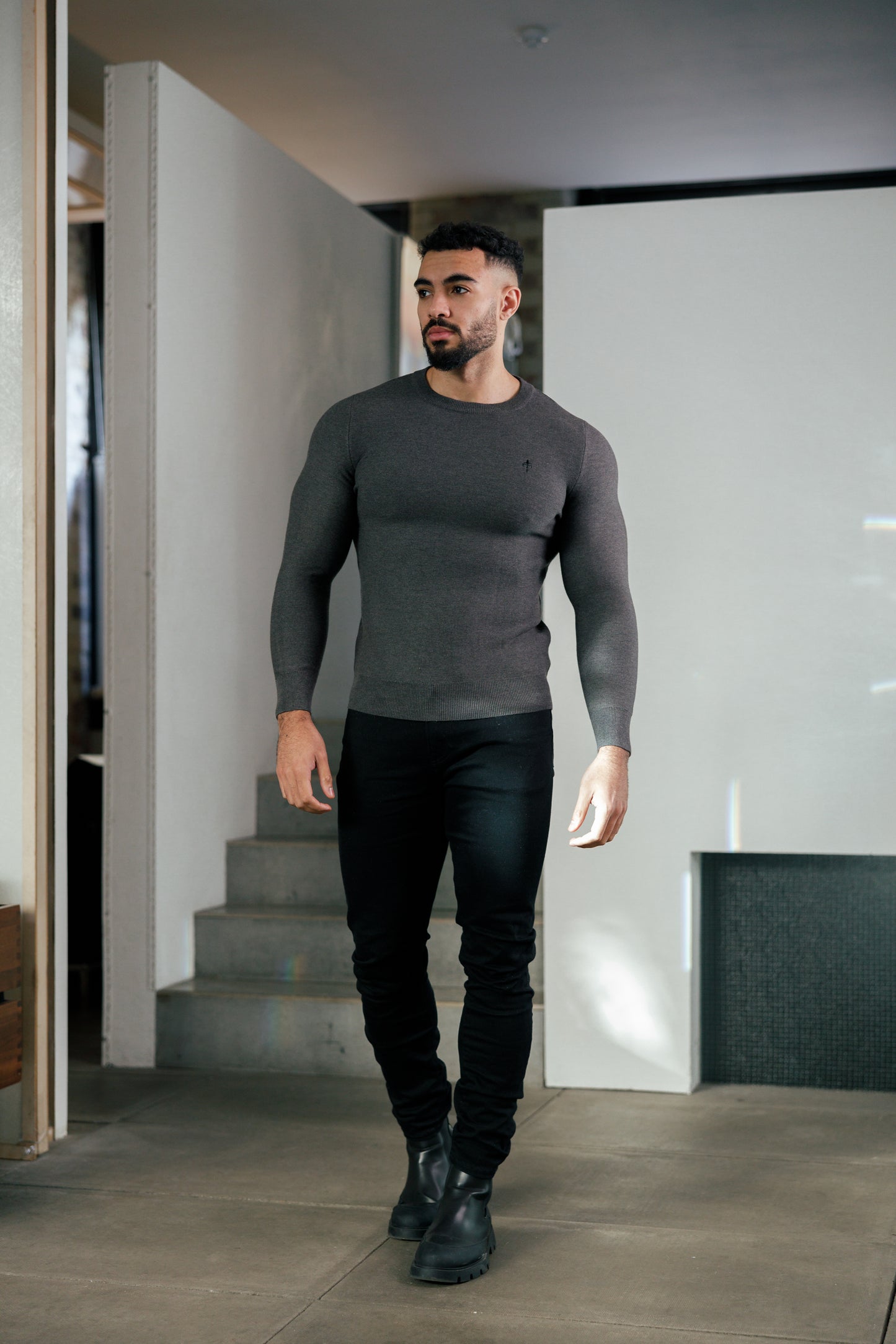 Super Slim Fit Wool Jumper Crew Neck Grey