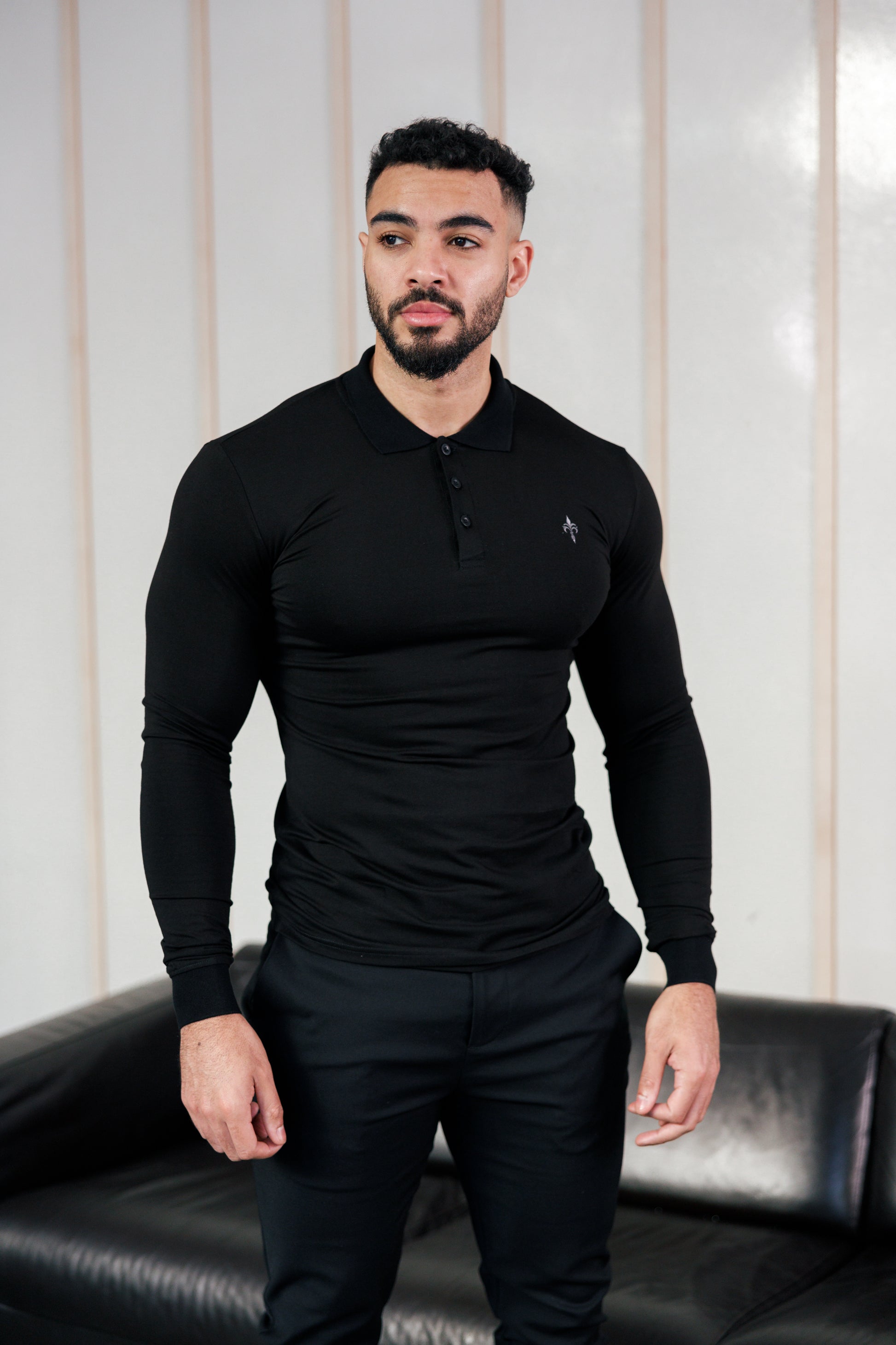Super Slim Fit Long Sleeve Polo Shirt Black - Main Image