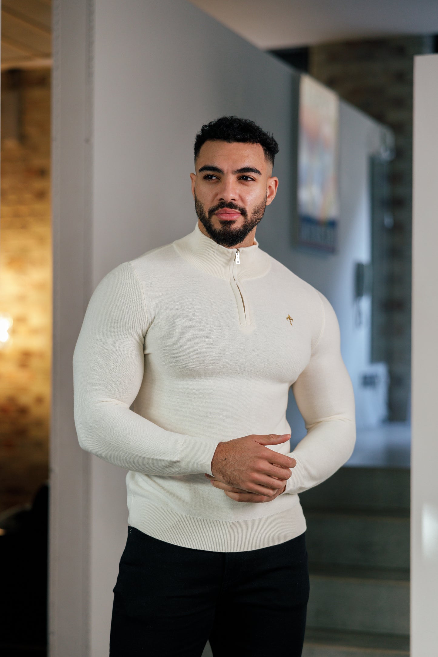 Super Slim Fit Wool Jumper 1/4 Zip Cream