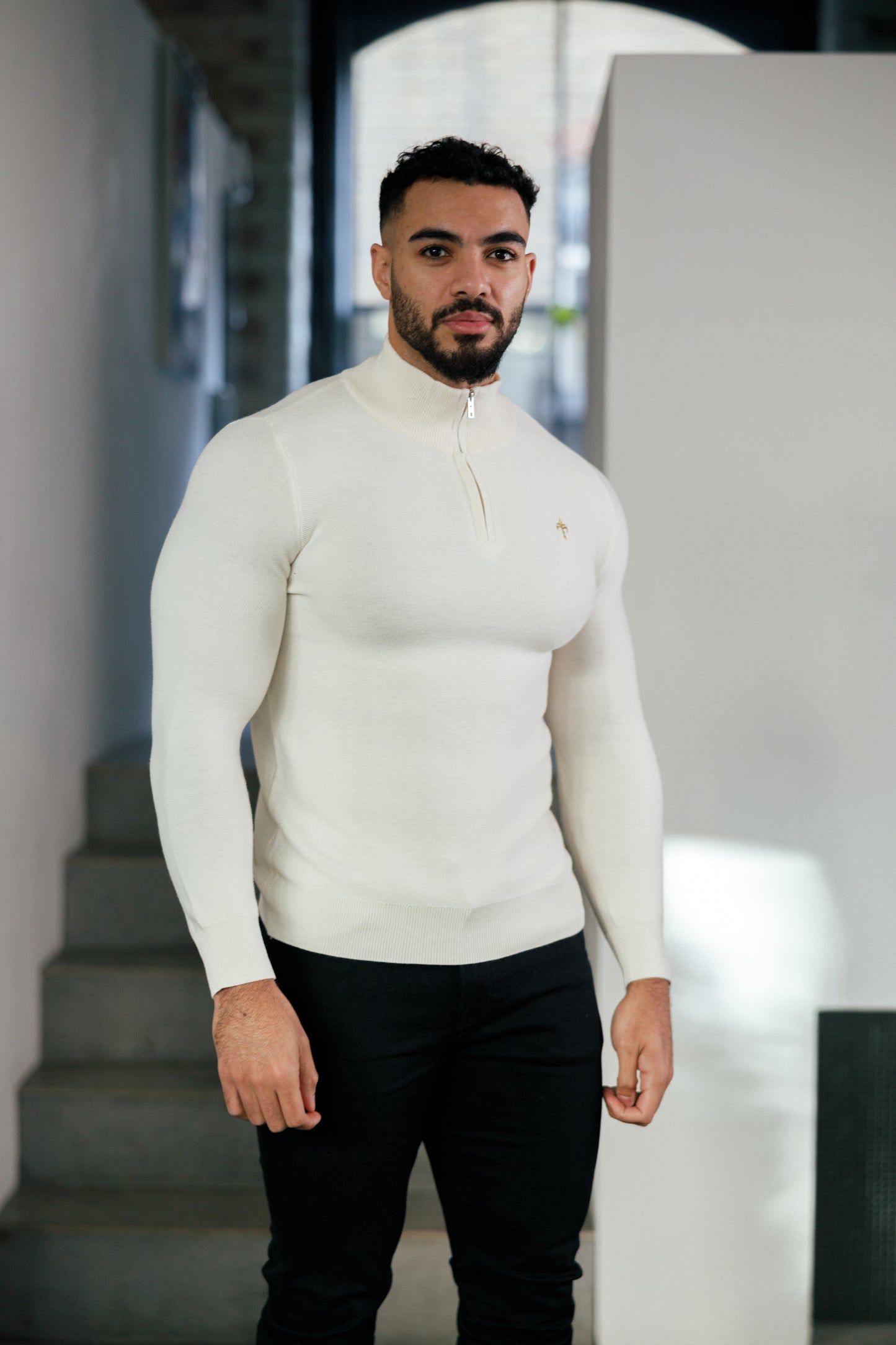 Super Slim Fit Wool Jumper 1/4 Zip Cream