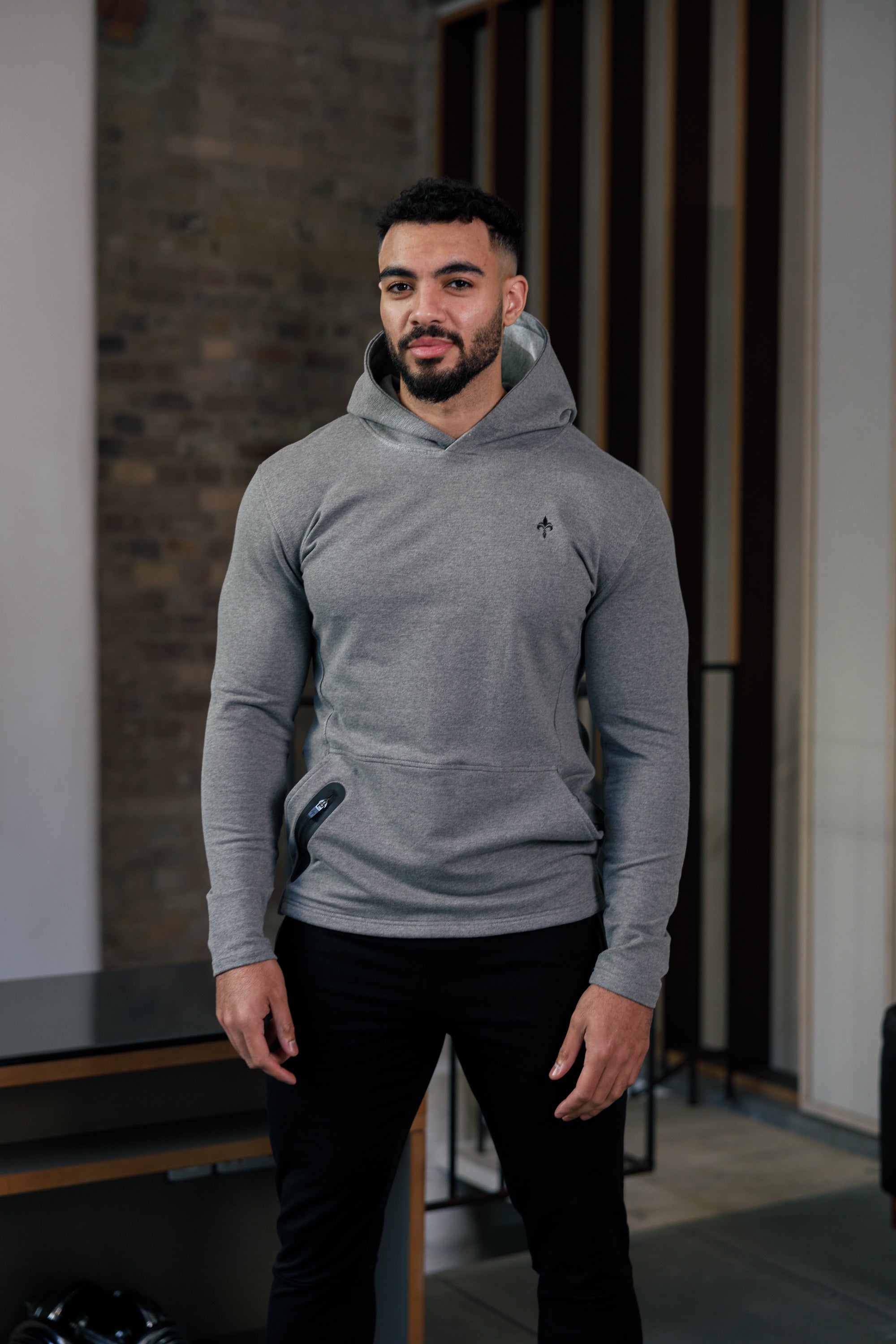 Muscle fit grey hoodie sale